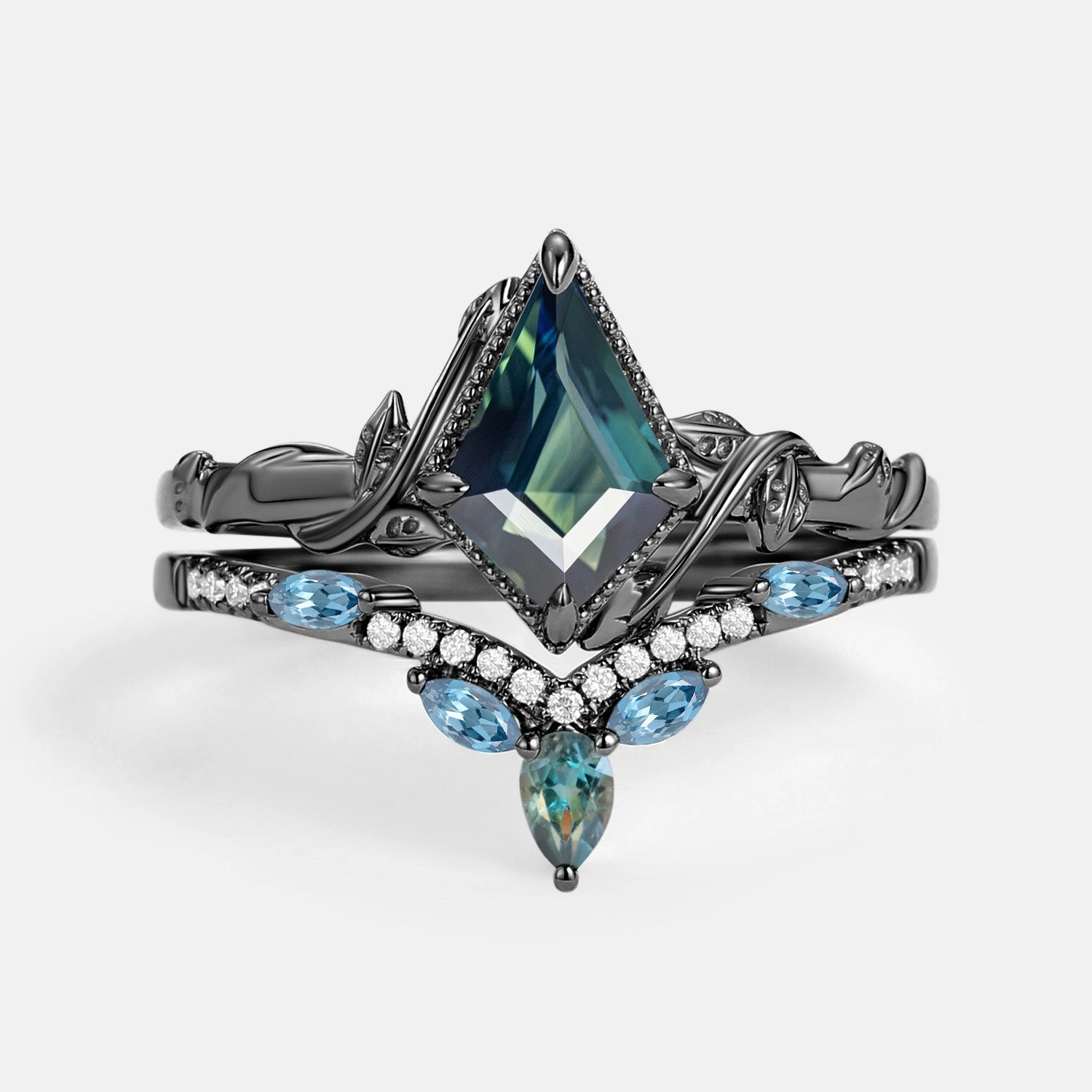 Kite Cut Teal Sapphire & London Blue Topaz Engagement Ring Sets 2pcs - Lark Warm Gift Romantic Adornment