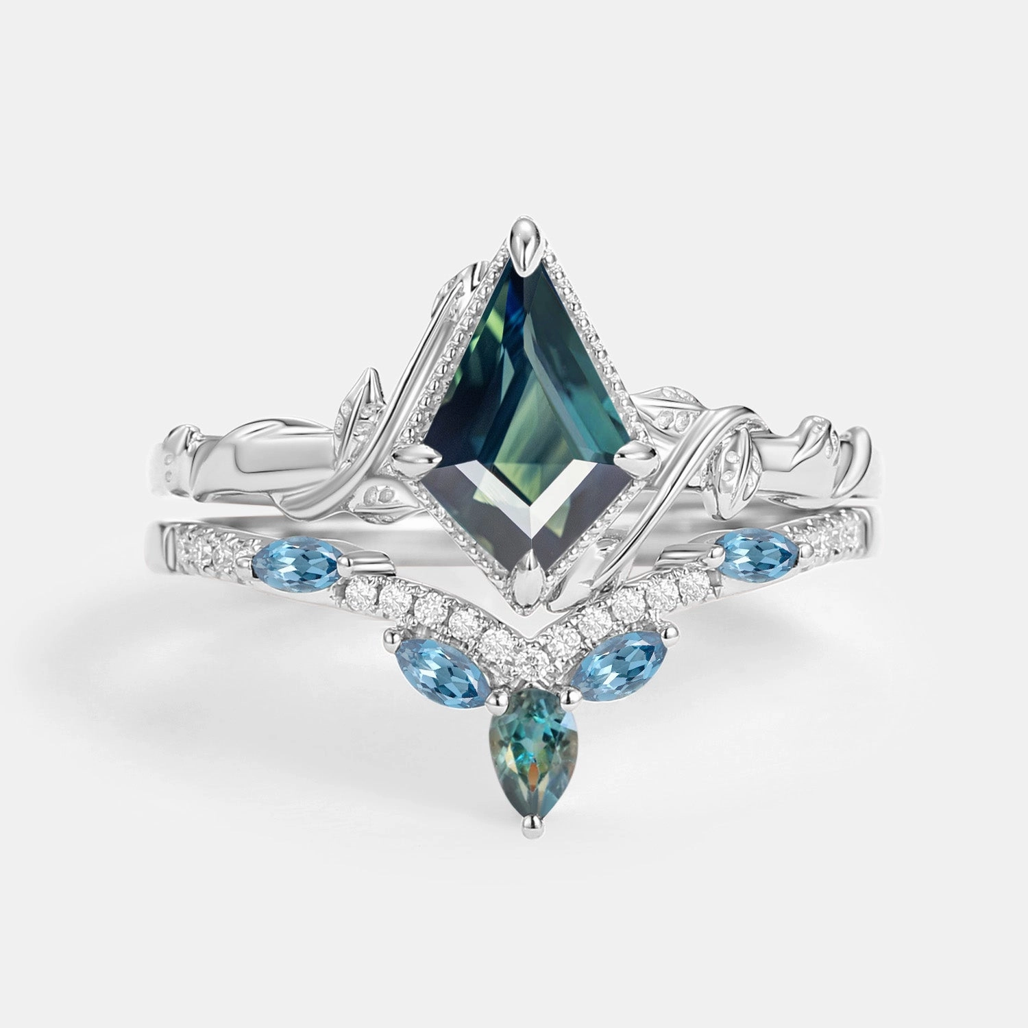 Contemporary Keepsake Artistic Token Kite Cut Teal Sapphire & London Blue Topaz Engagement Ring Sets 2pcs - Lark