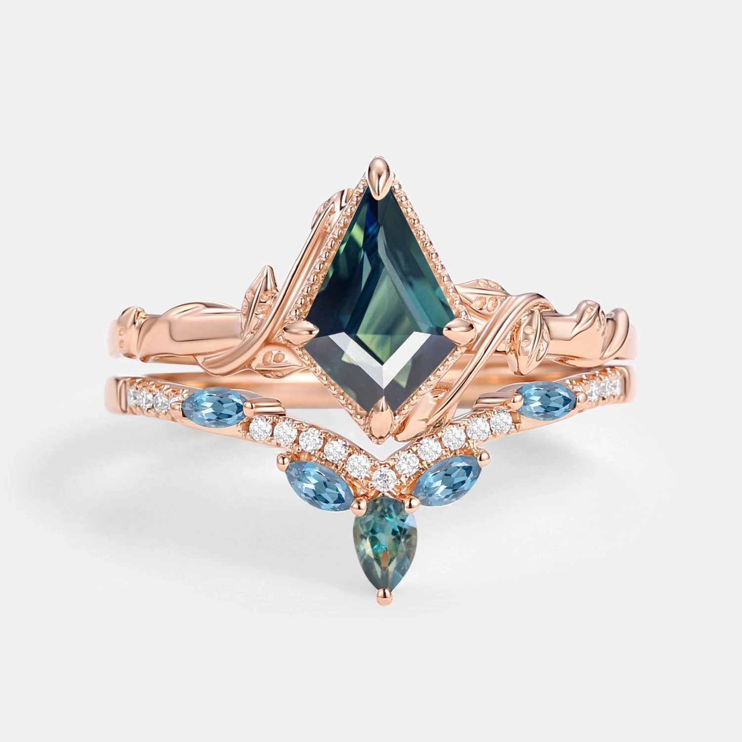 Kite Cut Teal Sapphire & London Blue Topaz Engagement Ring Sets 2pcs - Lark Pioneering Art