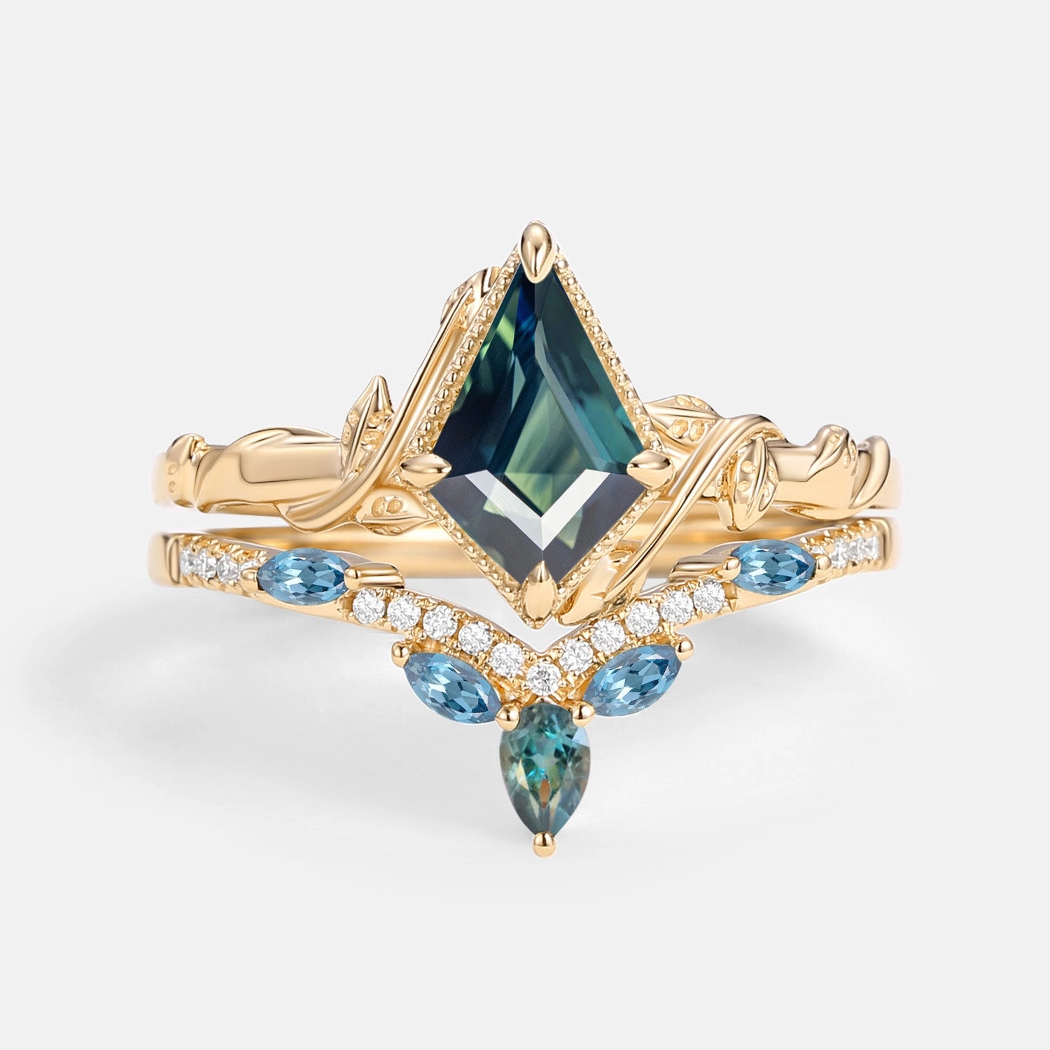 Contemporary Product Kite Cut Teal Sapphire & London Blue Topaz Engagement Ring Sets 2pcs - Lark