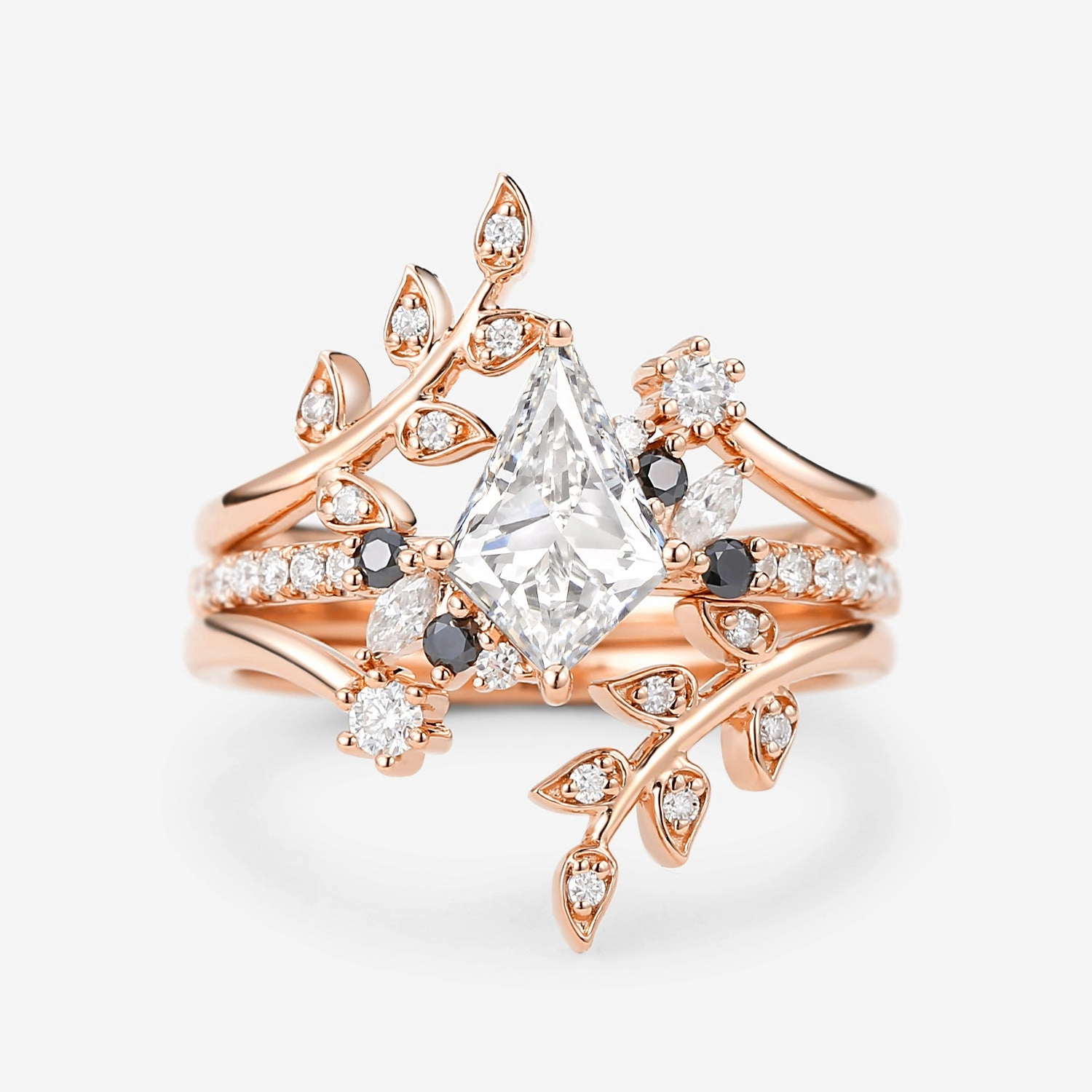 Kite Lab Grown Diamond & Black Diamond Leafy Ring Set 3pcs Wardrobe Fit Event Accent