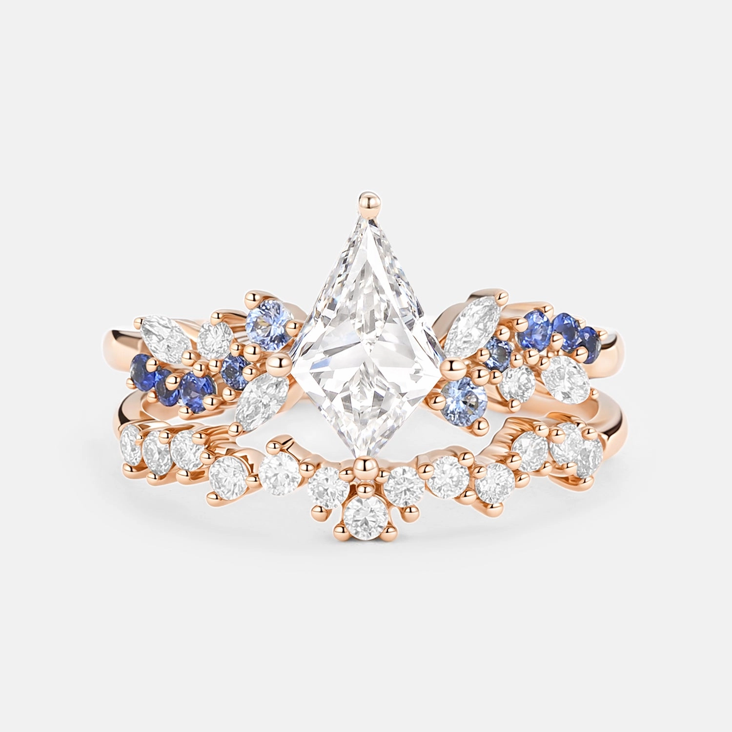 Solid Construction Artistic Ornament Kite Lab Grown Diamond & Sapphire Engagement Ring Set 2PCS - Ethereal