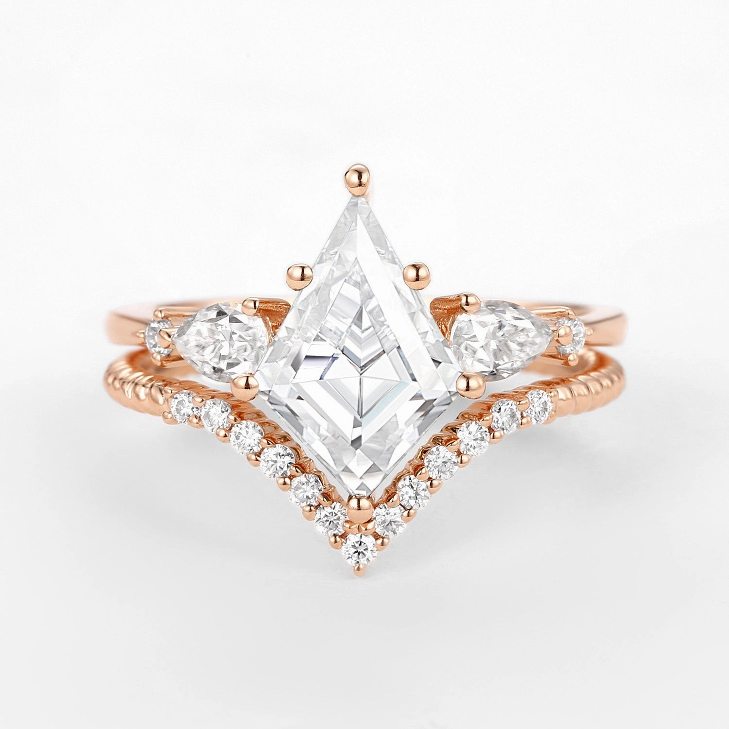 Kite Moissanite Three Stones Engagement Ring Set 2pcs - Delilah Handcrafted Feel