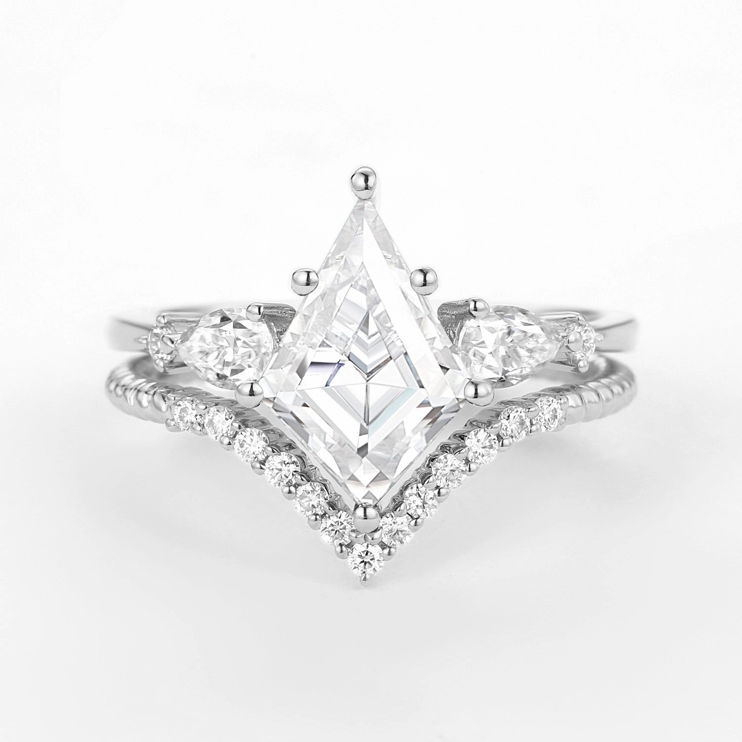 Bright Mood Classy Vibe Kite Moissanite Three Stones Engagement Ring Set 2pcs - Delilah