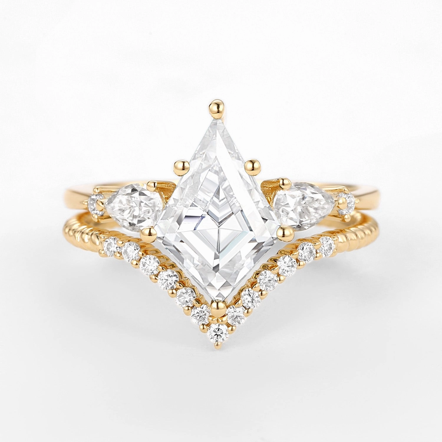 Kite Moissanite Three Stones Engagement Ring Set 2pcs - Delilah Low-Cost Work Gorgeous Look