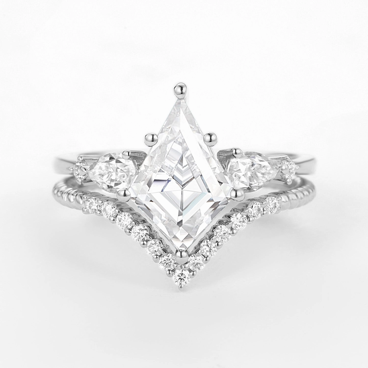 Unique Sign Hypoallergenic Item Kite Moissanite Three Stones Engagement Ring Set 2pcs - Delilah