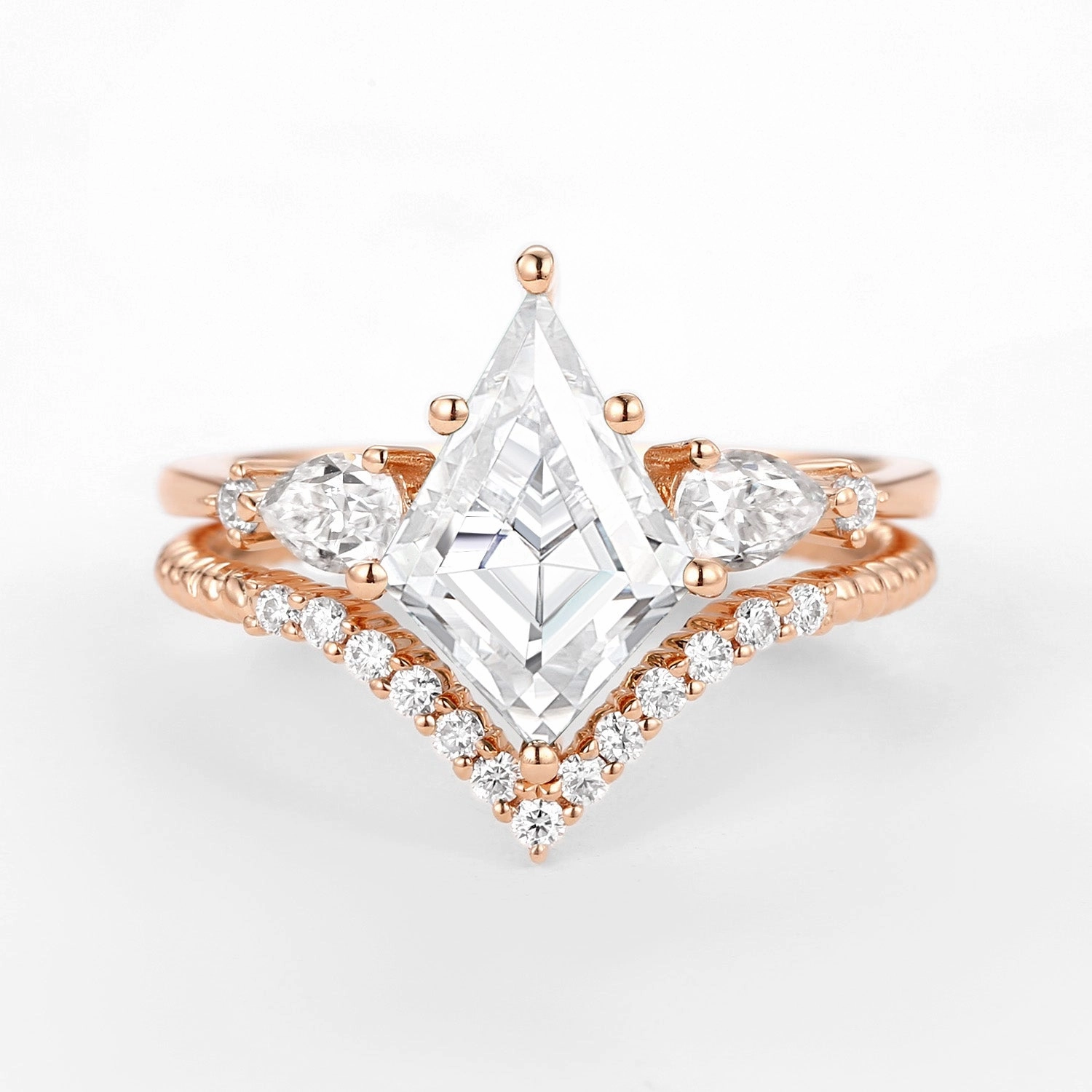 Lightweight Look Trendy Style Kite Moissanite Three Stones Engagement Ring Set 2pcs - Delilah