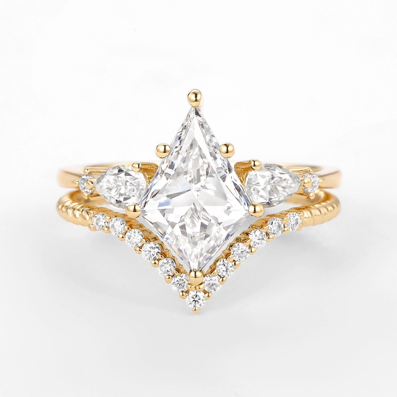 Kite Moissanite Three Stones Engagement Ring Set 2pcs - Delilah Rough texture