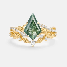 Kite Moss Agate Leafy Engagement Ring Set 2pcs - Syrin Chic Gem
