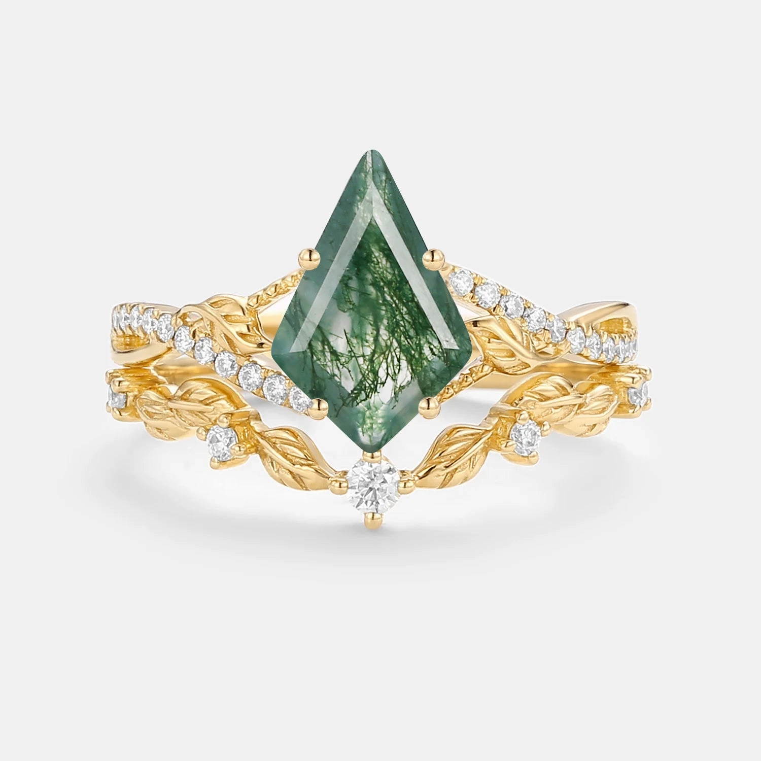 Traditional Insignia Kite Moss Agate Leafy Engagement Ring Set 2pcs - Syrin