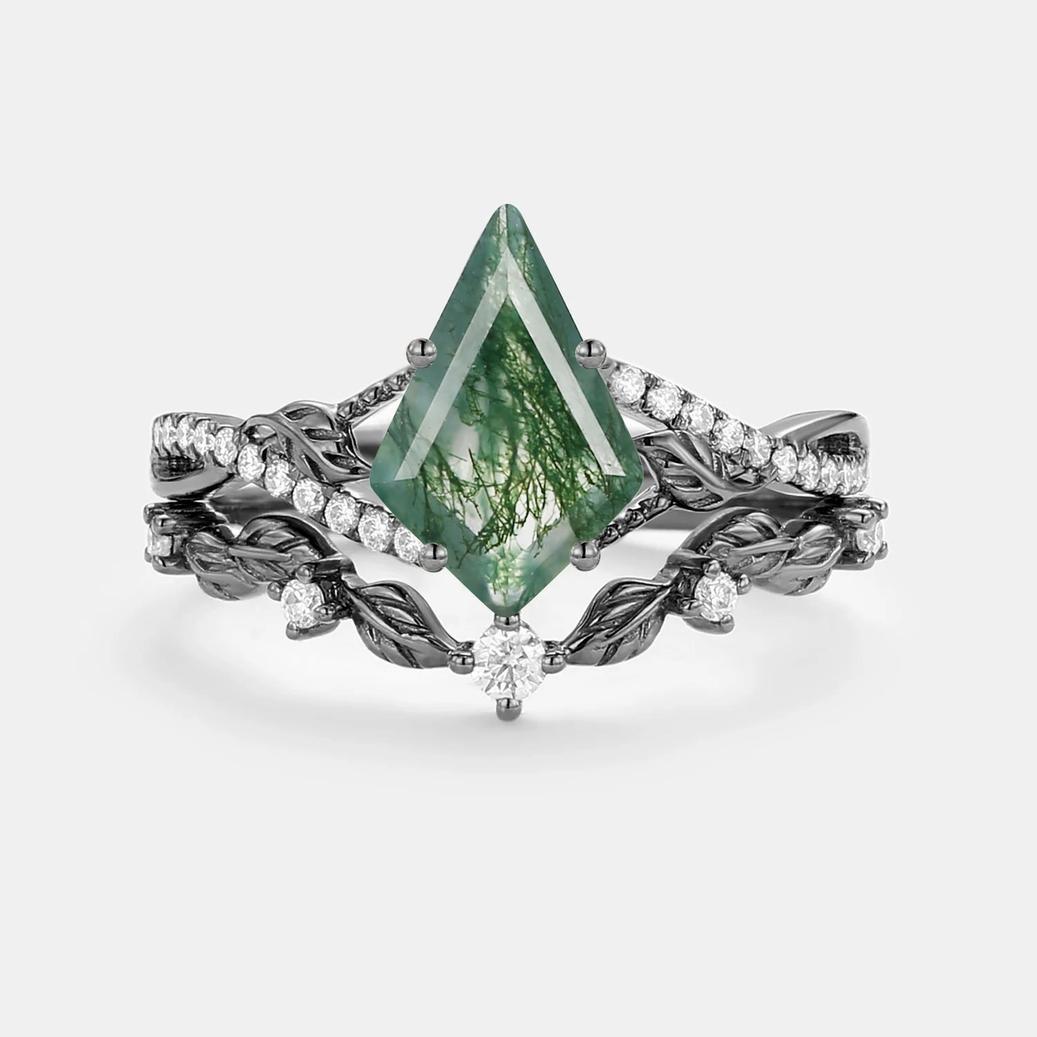 Kite Moss Agate Leafy Engagement Ring Set 2pcs - Syrin Enchanted Detail High Class