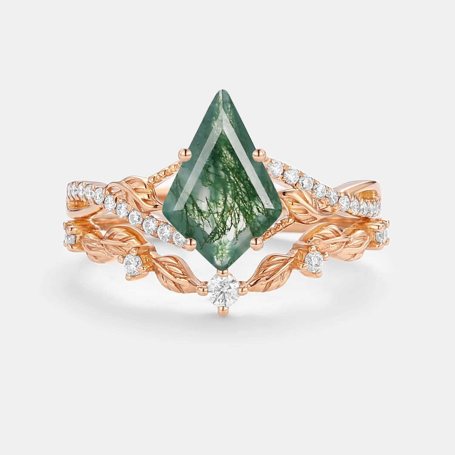 Kite Moss Agate Leafy Engagement Ring Set 2pcs - Syrin Dazzling Effect