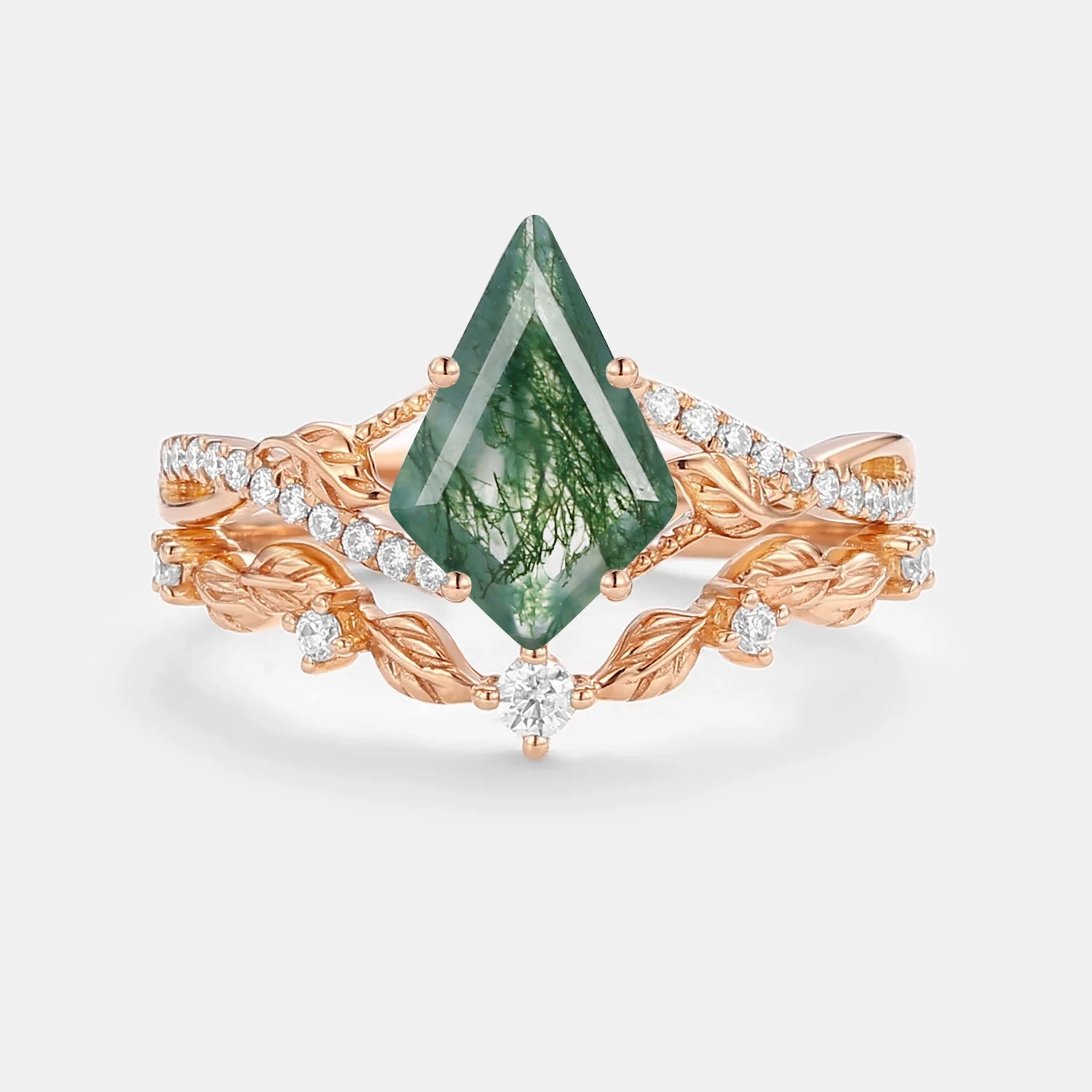 Kite Moss Agate Leafy Engagement Ring Set 2pcs - Syrin Cold resistant