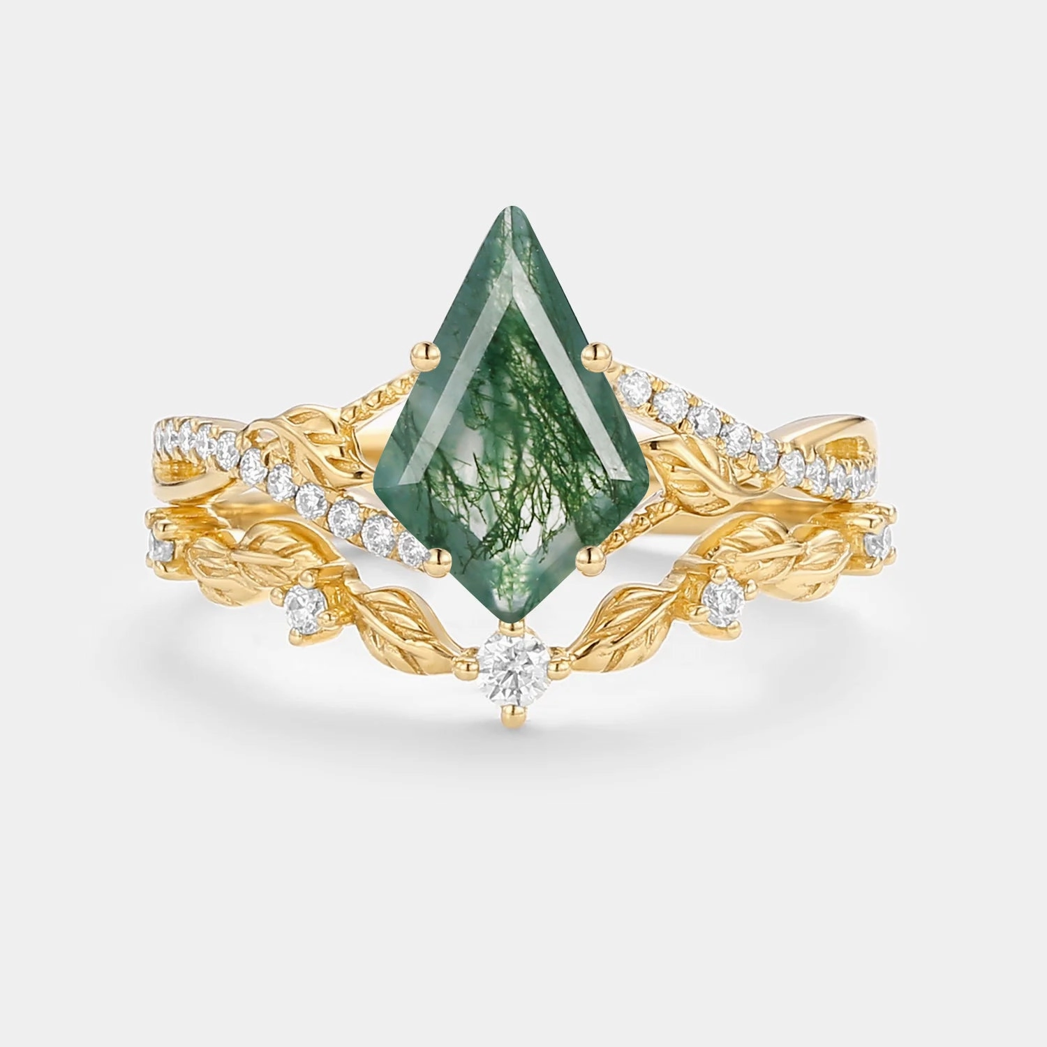 Kite Moss Agate Leafy Engagement Ring Set 2pcs - Syrin Chic Gem