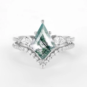 Sleek Detailing Elite Touch Kite Moss Agate Three Stones Engagement Ring Set 2pcs - Delilah