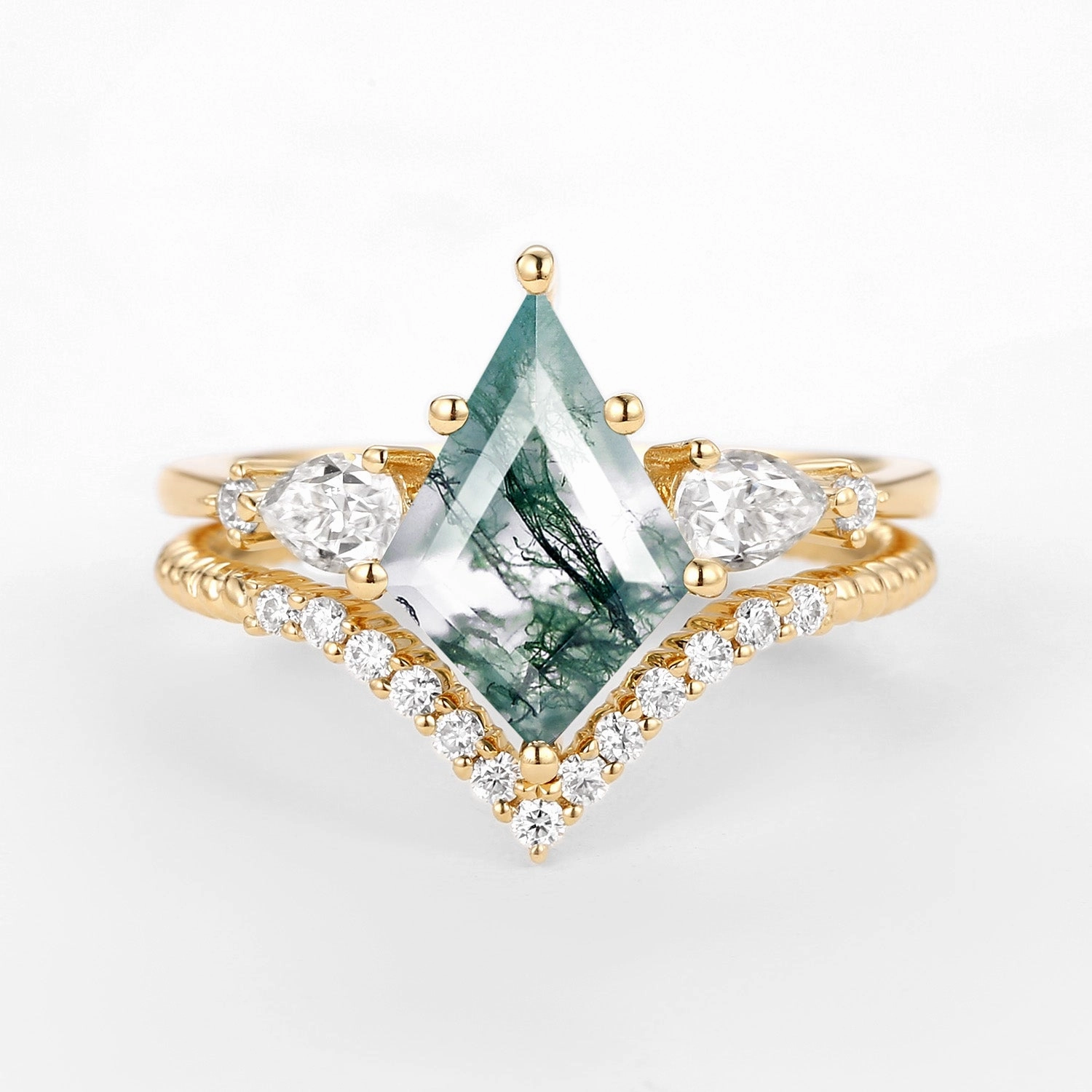 Personal Choice Kite Moss Agate Three Stones Engagement Ring Set 2pcs - Delilah