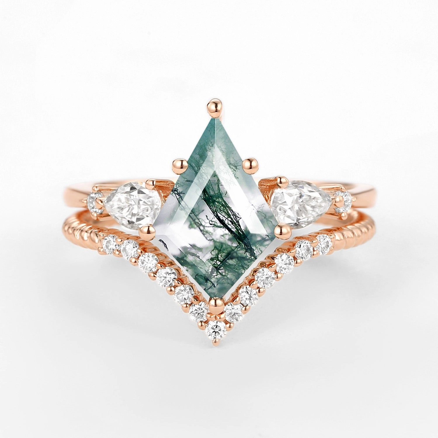 Kite Moss Agate Three Stones Engagement Ring Set 2pcs - Delilah Event Outfit