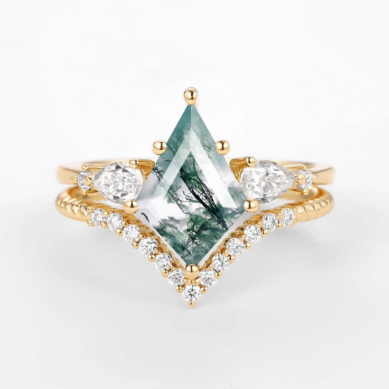 Kite Moss Agate Three Stones Engagement Ring Set 2pcs - Delilah Stylish Design