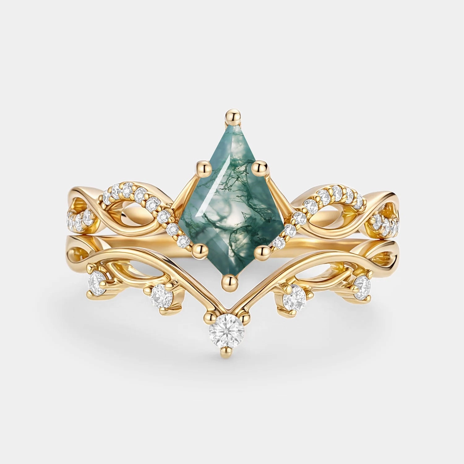 Kite Moss Agate Twist Engagement Ring Set 2pcs - Phyllon Meaningful Expression