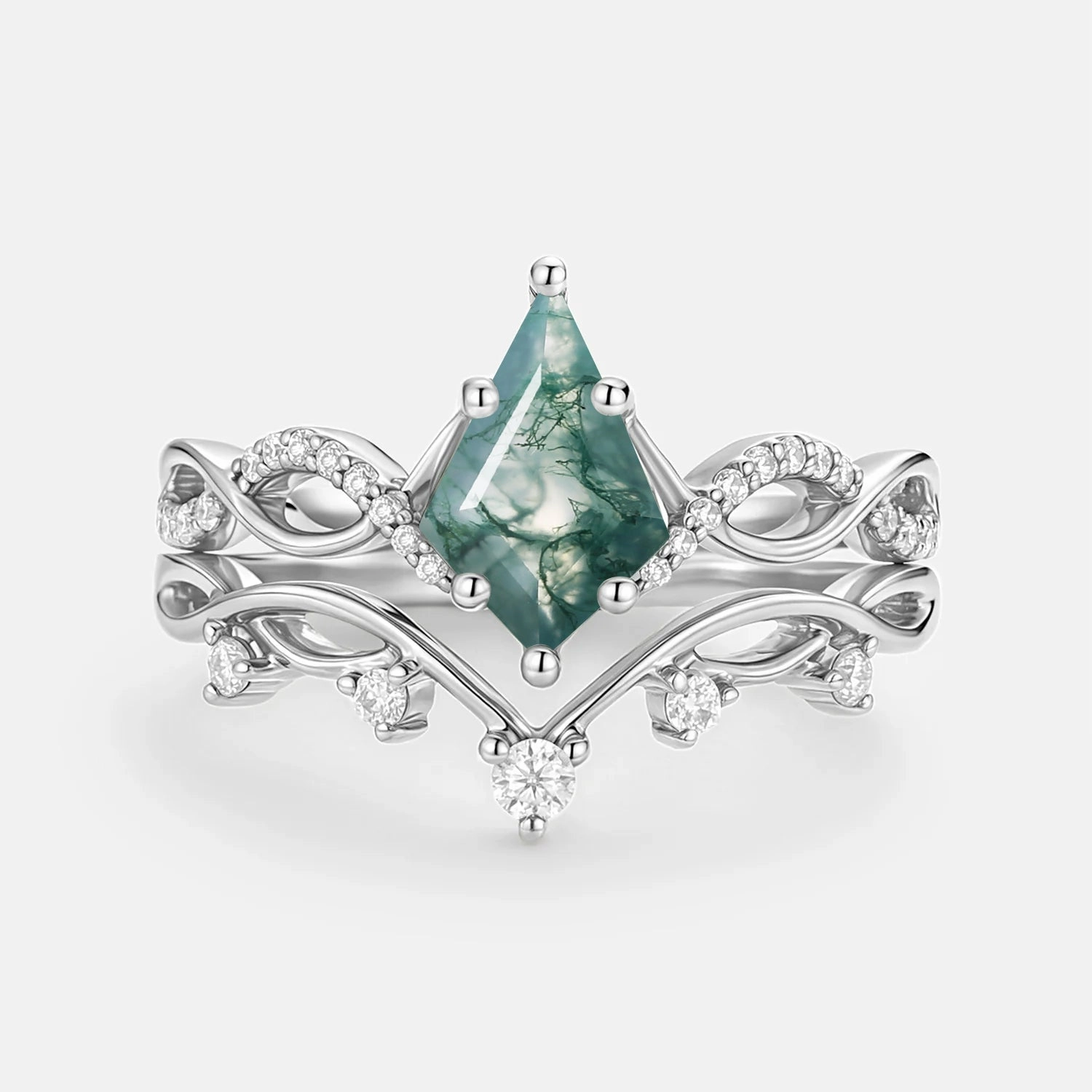 Kite Moss Agate Twist Engagement Ring Set 2pcs - Phyllon Dressed Up Look Silk Finish