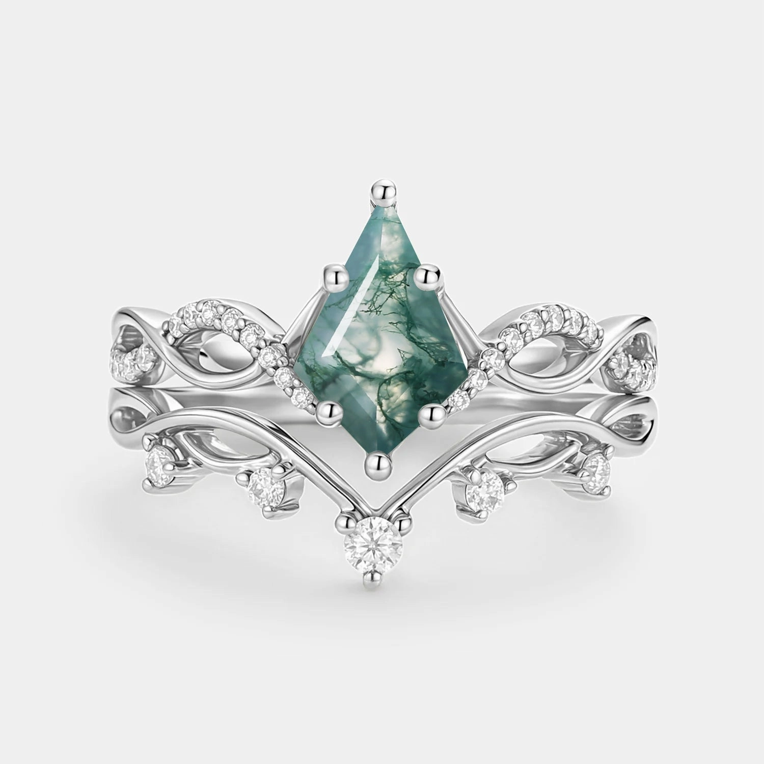 Memorable Present Kite Moss Agate Twist Engagement Ring Set 2pcs - Phyllon