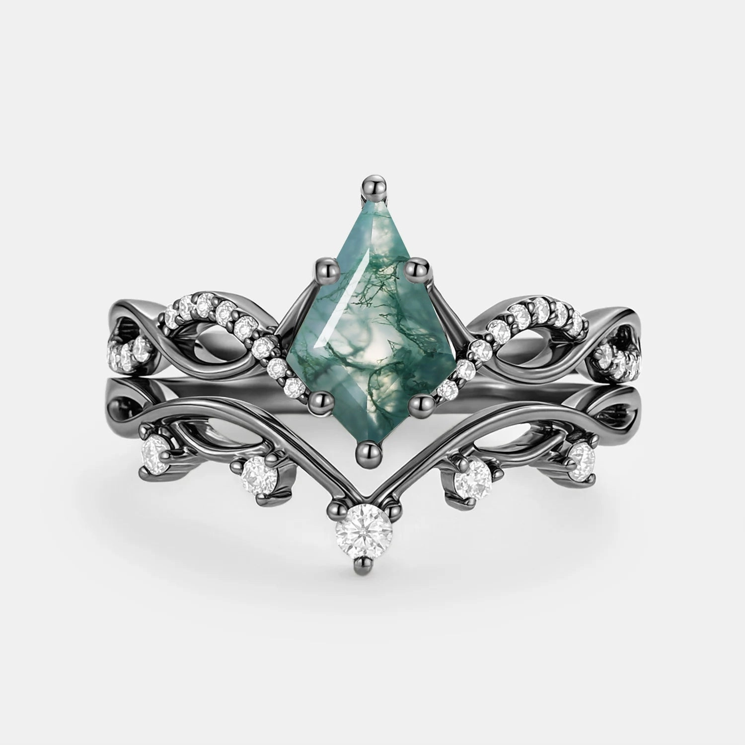 Kite Moss Agate Twist Engagement Ring Set 2pcs - Phyllon Celebration Style