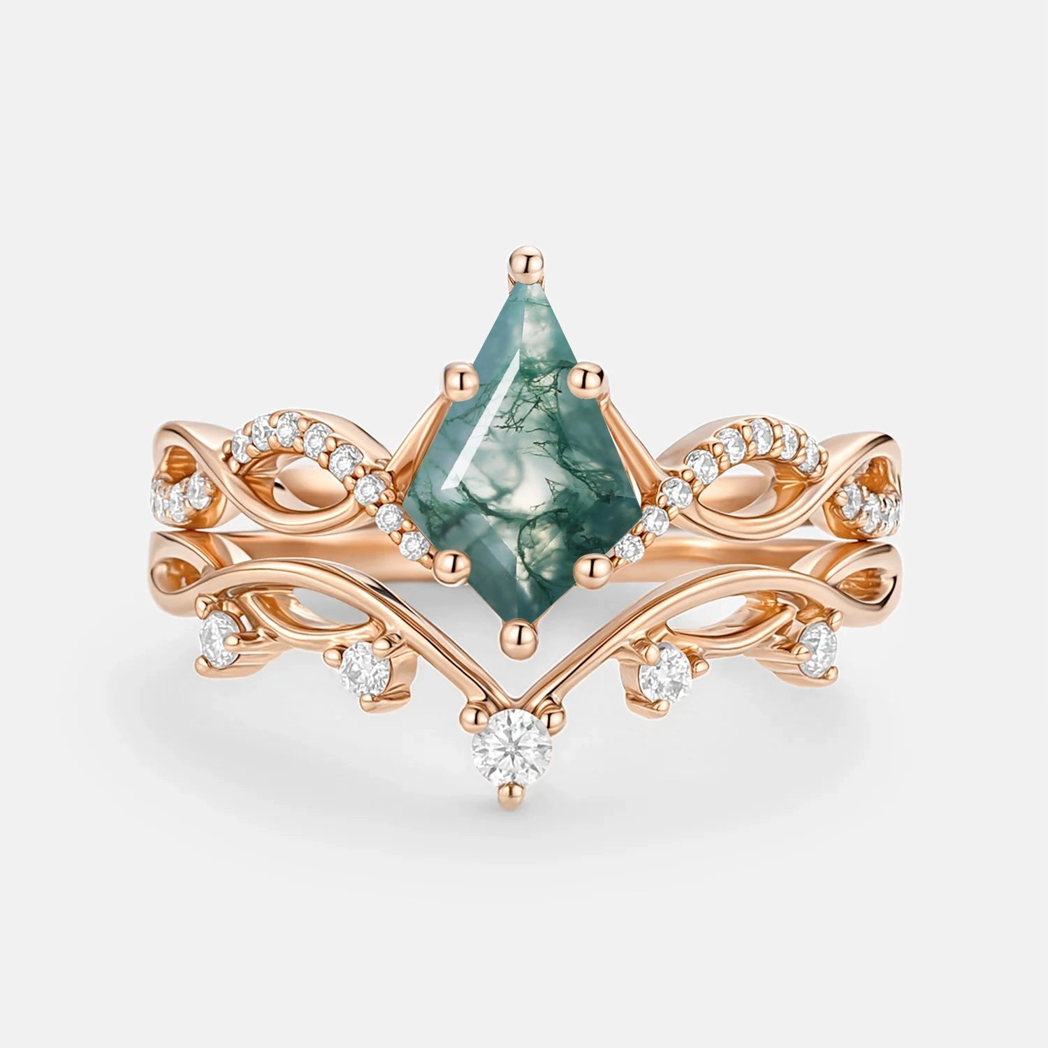Refined Elegance Night Shine Kite Moss Agate Twist Engagement Ring Set 2pcs - Phyllon