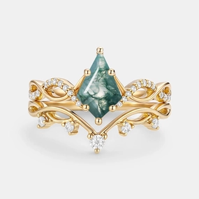 Kite Moss Agate Twist Engagement Ring Set 2pcs - Phyllon Glistening Look Camera Mood