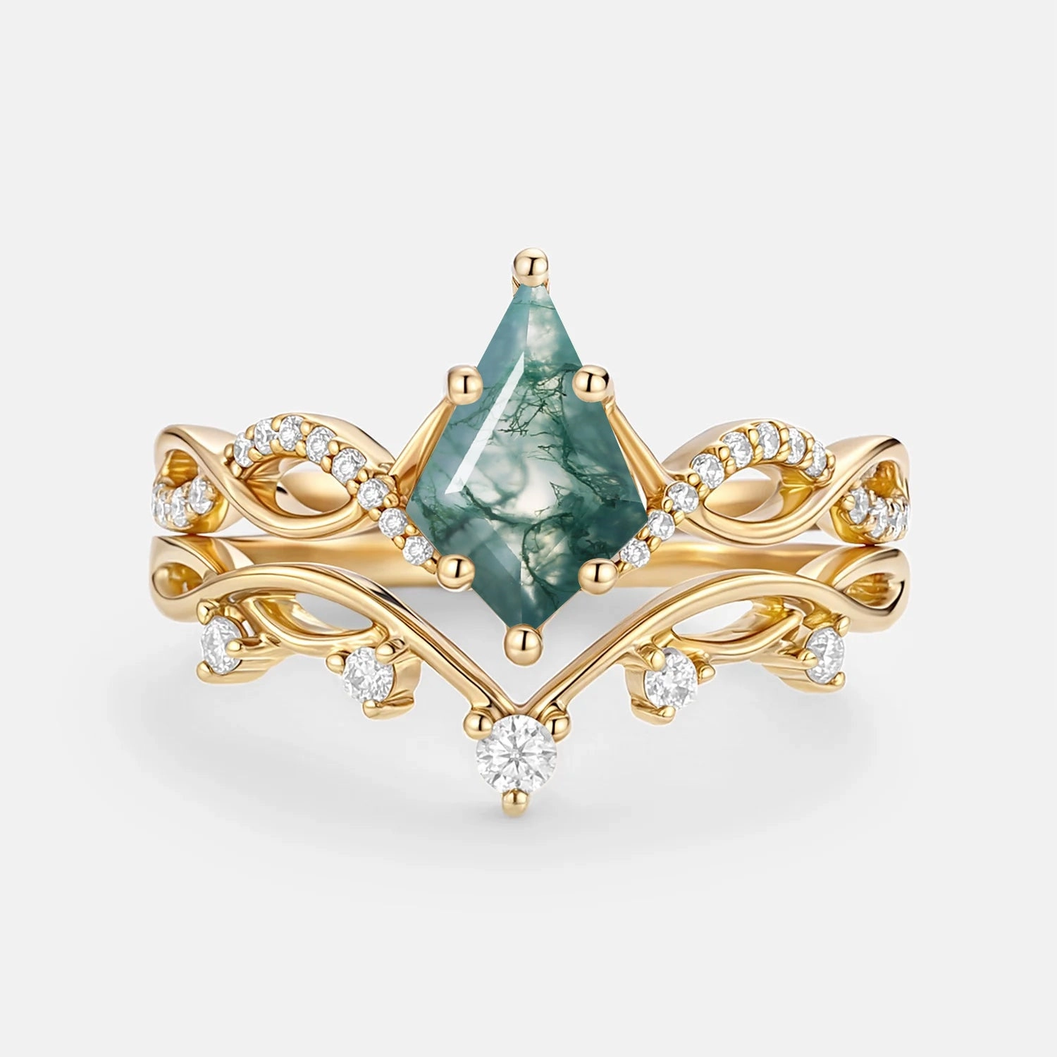Kite Moss Agate Twist Engagement Ring Set 2pcs - Phyllon Glistening Look Camera Mood