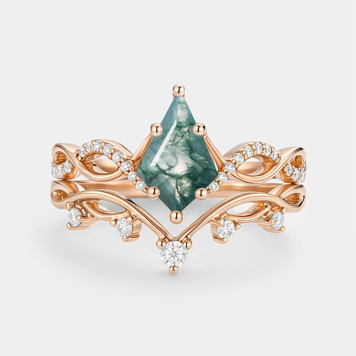 Superior Expression Secure look Kite Moss Agate Twist Engagement Ring Set 2pcs - Phyllon