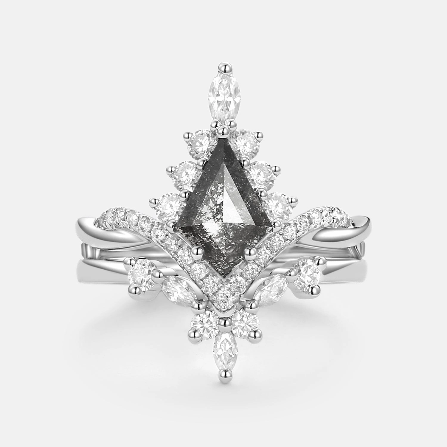 Kite Salt & Pepper Diamonds Wedding Ring Set 2pcs Romantic Touch