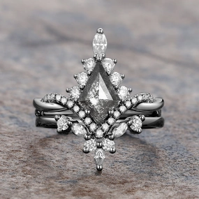 Sleek Mood Casual Gift Kite Salt & Pepper Diamonds Wedding Ring Set 2pcs