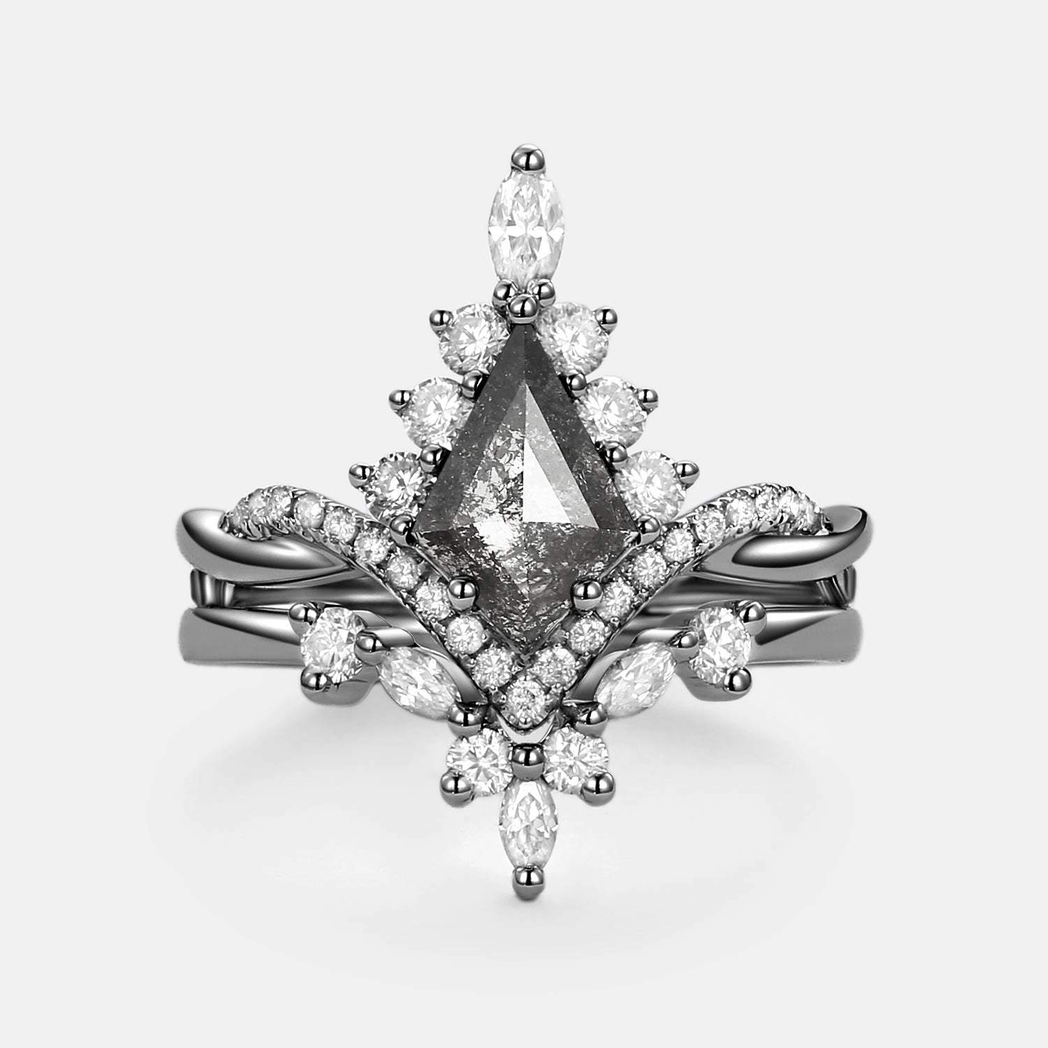 Unique Style Kite Salt & Pepper Diamonds Wedding Ring Set 2pcs