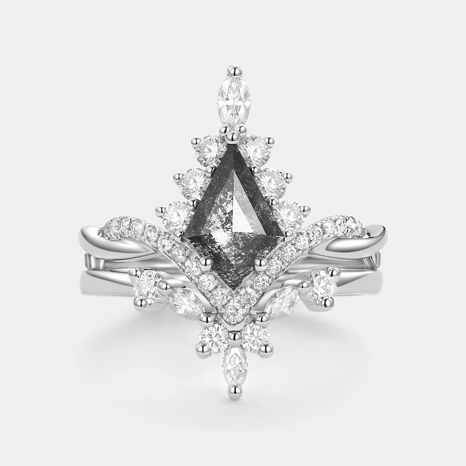 Sturdy Expression Kite Salt & Pepper Diamonds Wedding Ring Set 2pcs