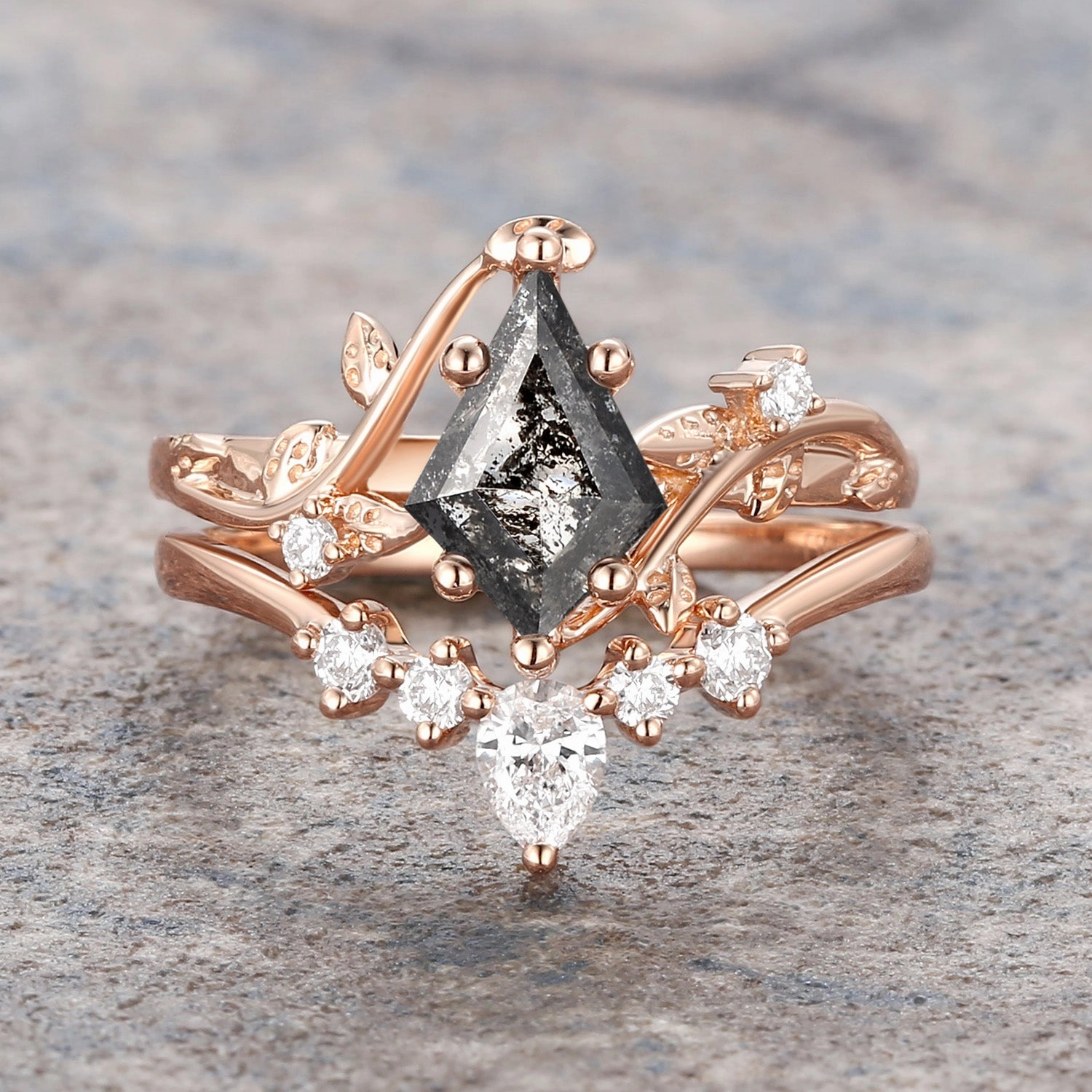 Favorite Present Occasion Present Kite Salt and Pepper Diamonds Natural Leafy Engagement Ring Set 2pcs - Willow