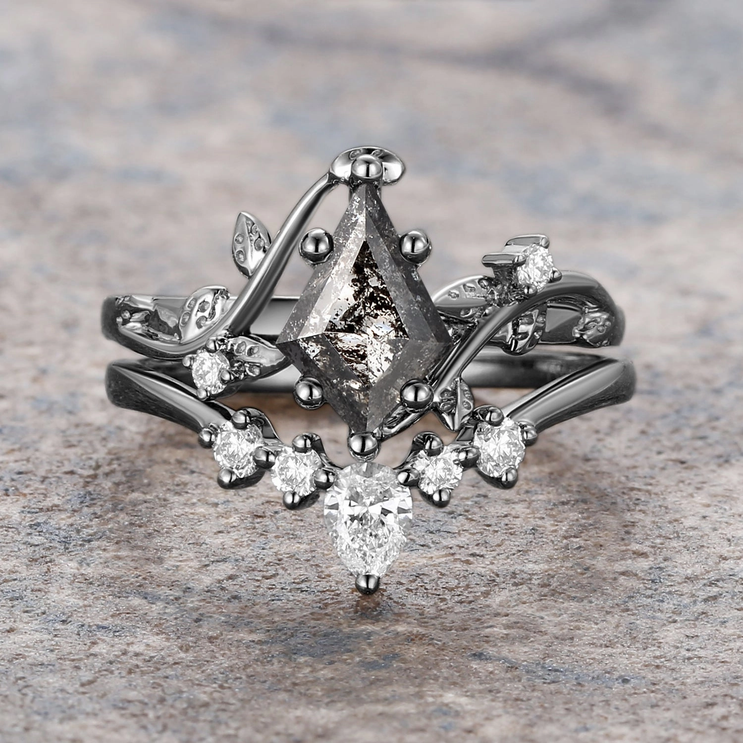 Kite Salt and Pepper Diamonds Natural Leafy Engagement Ring Set 2pcs - Willow Winter Party Trendy Outfit