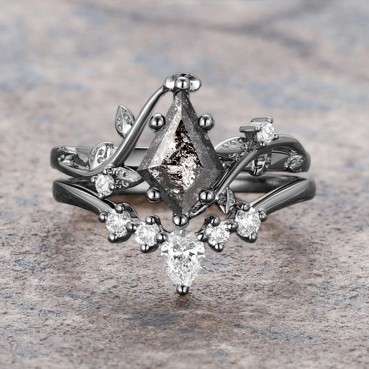 Simple Sparkle Kite Salt and Pepper Diamonds Natural Leafy Engagement Ring Set 2pcs - Willow