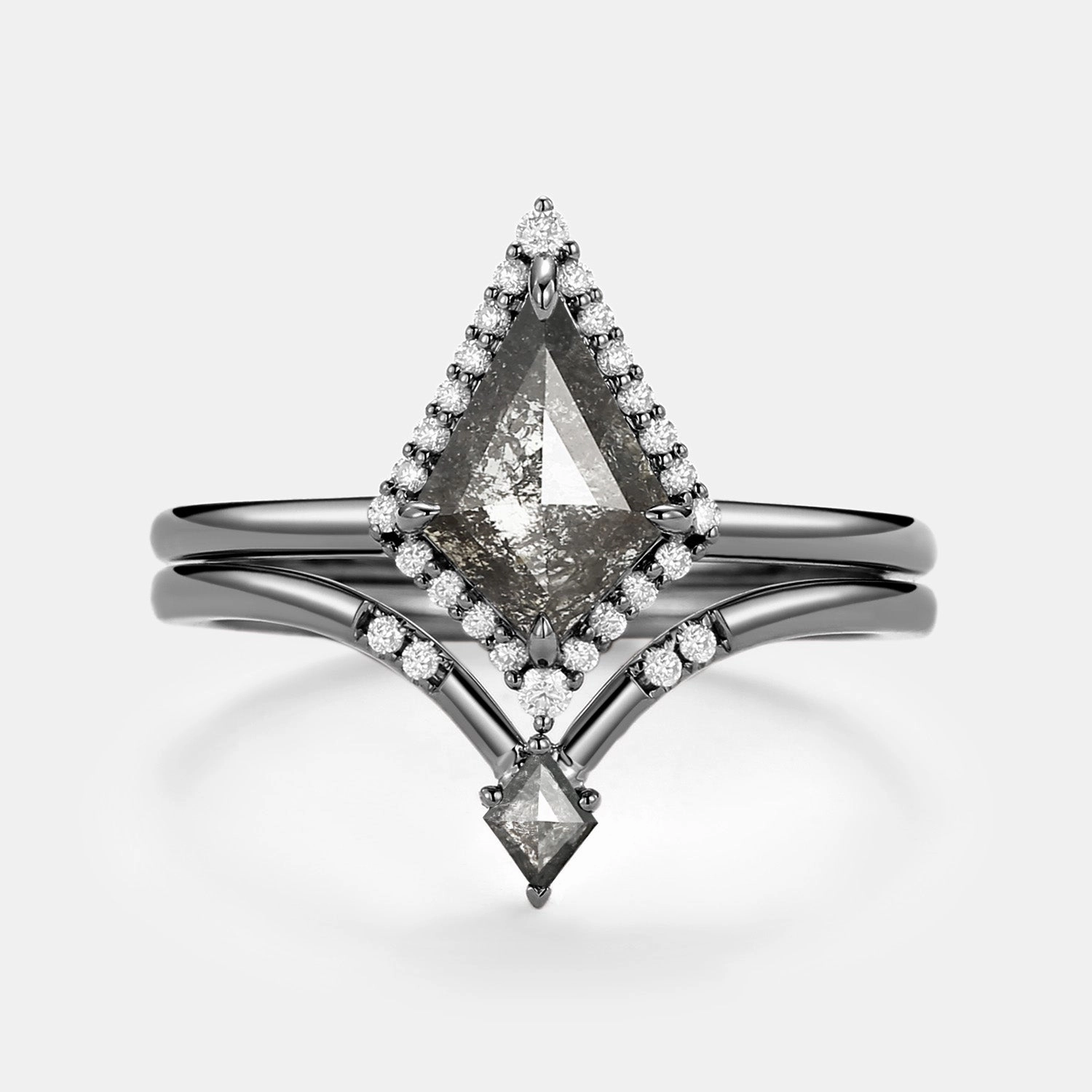 Lustrous Finish Kite Salt and Pepper Diamonds Stacking Engagement Ring Set 2pcs