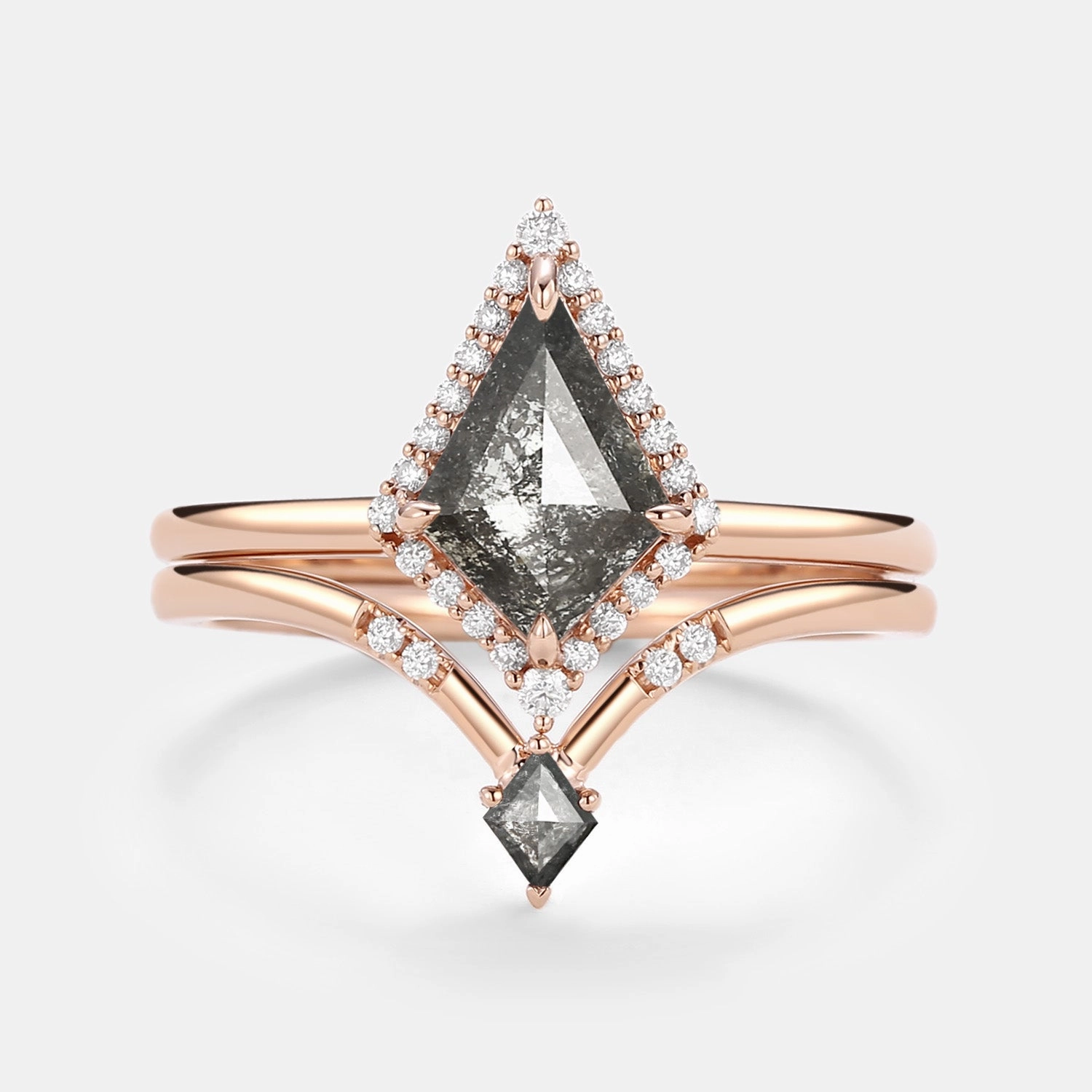 Opulent Accent Kite Salt and Pepper Diamonds Stacking Engagement Ring Set 2pcs