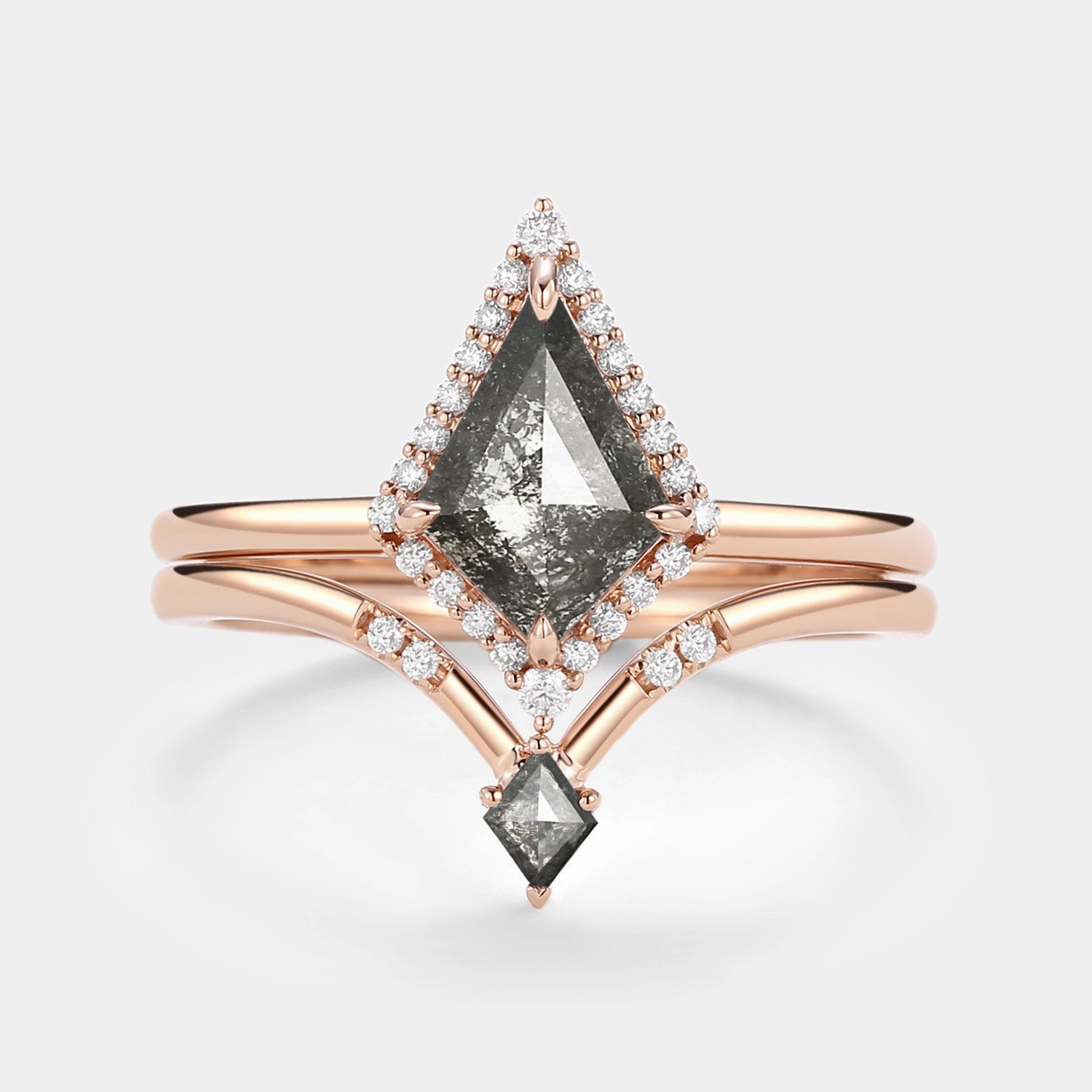 Kite Salt and Pepper Diamonds Stacking Engagement Ring Set 2pcs Exclusive Symbol Modern Aesthetic