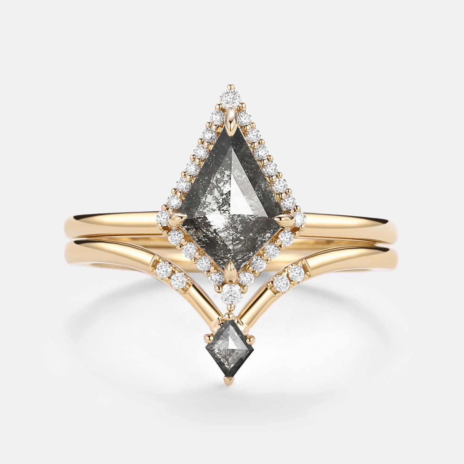 Kite Salt and Pepper Diamonds Stacking Engagement Ring Set 2pcs Dynamic Highlight