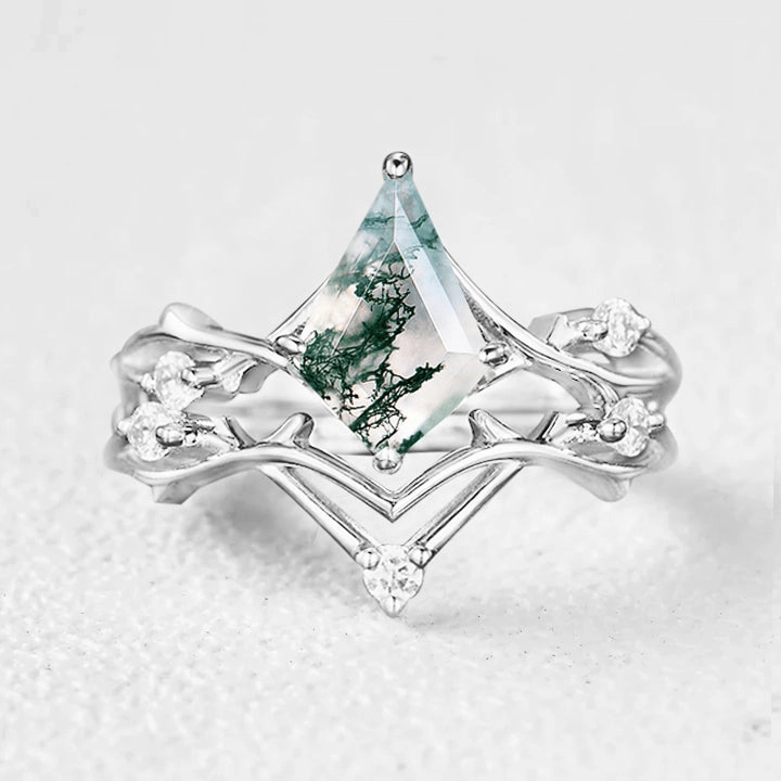 Kite Shape Branch Moss Agate Engagement Ring Sets 2pcs Modern Glow Layered Vibe
