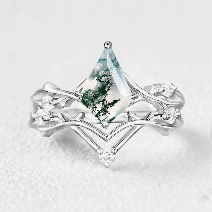 Kite Shape Branch Moss Agate Engagement Ring Sets 2pcs Budget Embellishment Office Gift