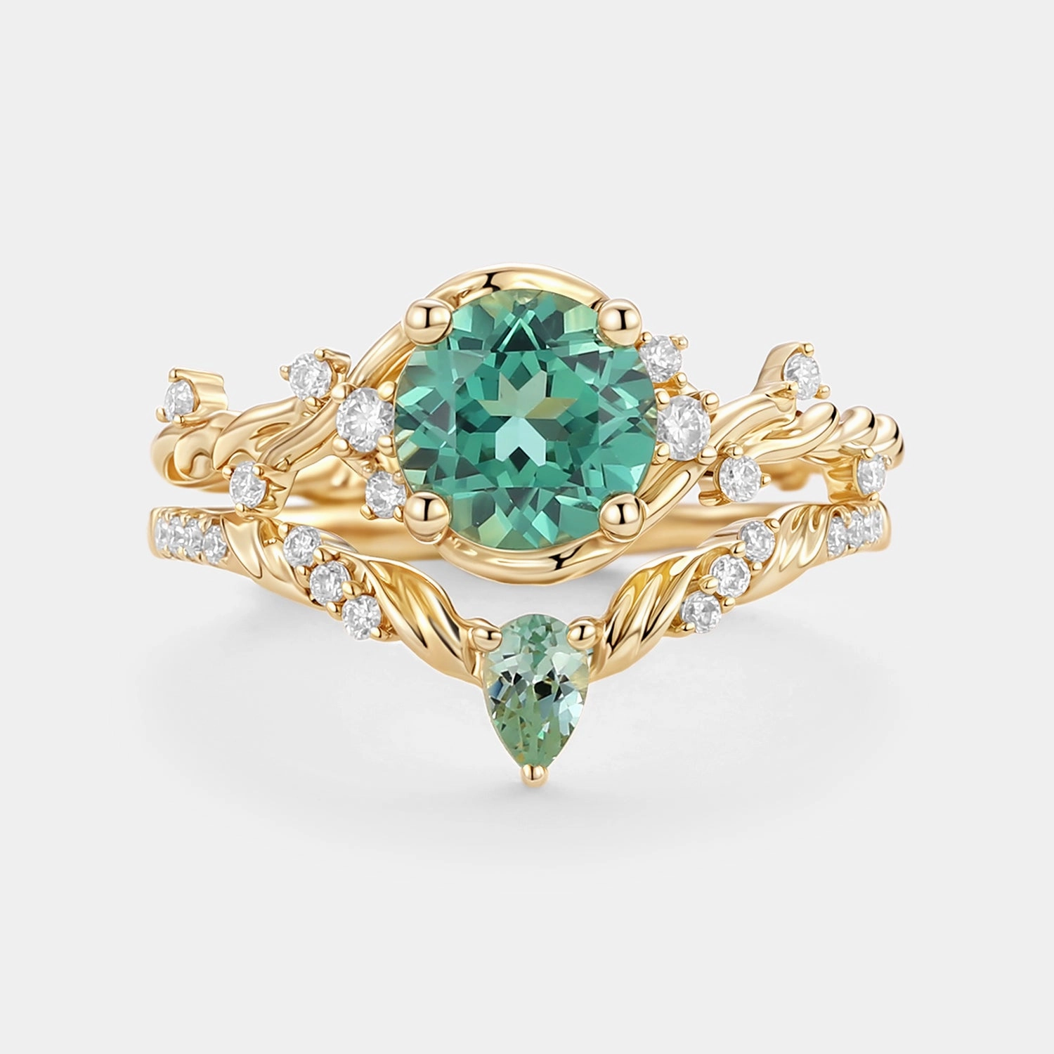 Minimal Feature Lab Green Sapphire Round Cut Leafy Engagement Ring Set 2pcs - Verdi