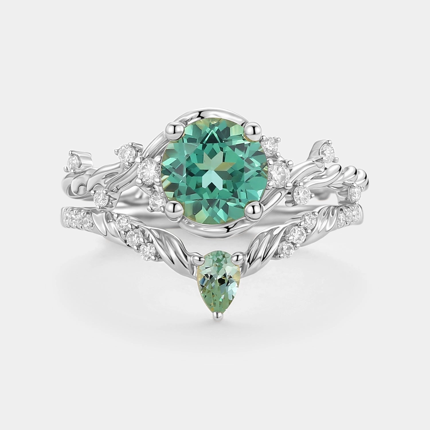 Lab Green Sapphire Round Cut Leafy Engagement Ring Set 2pcs - Verdi Handmade pieces True Accent