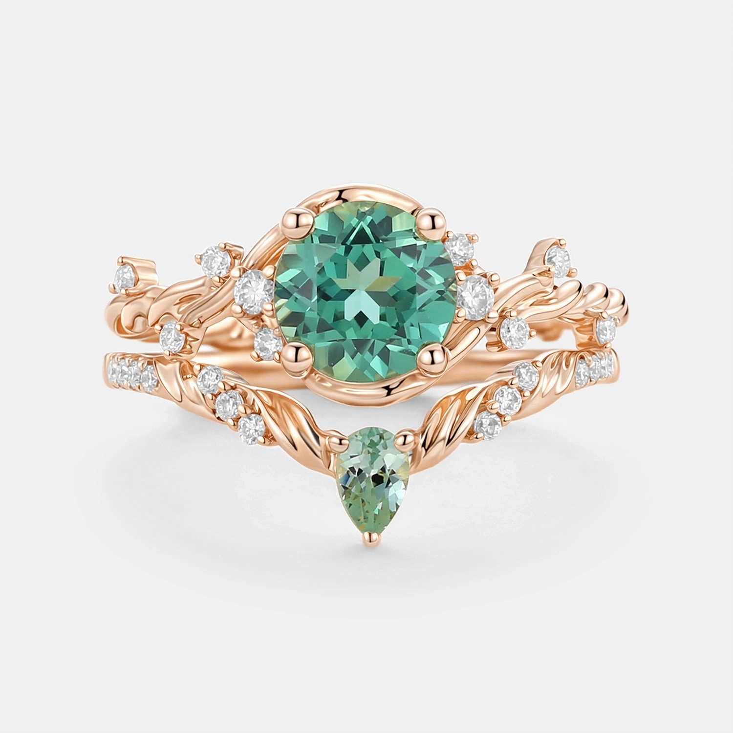 Lab Green Sapphire Round Cut Leafy Engagement Ring Set 2pcs - Verdi Modern Minimal Camera Focus