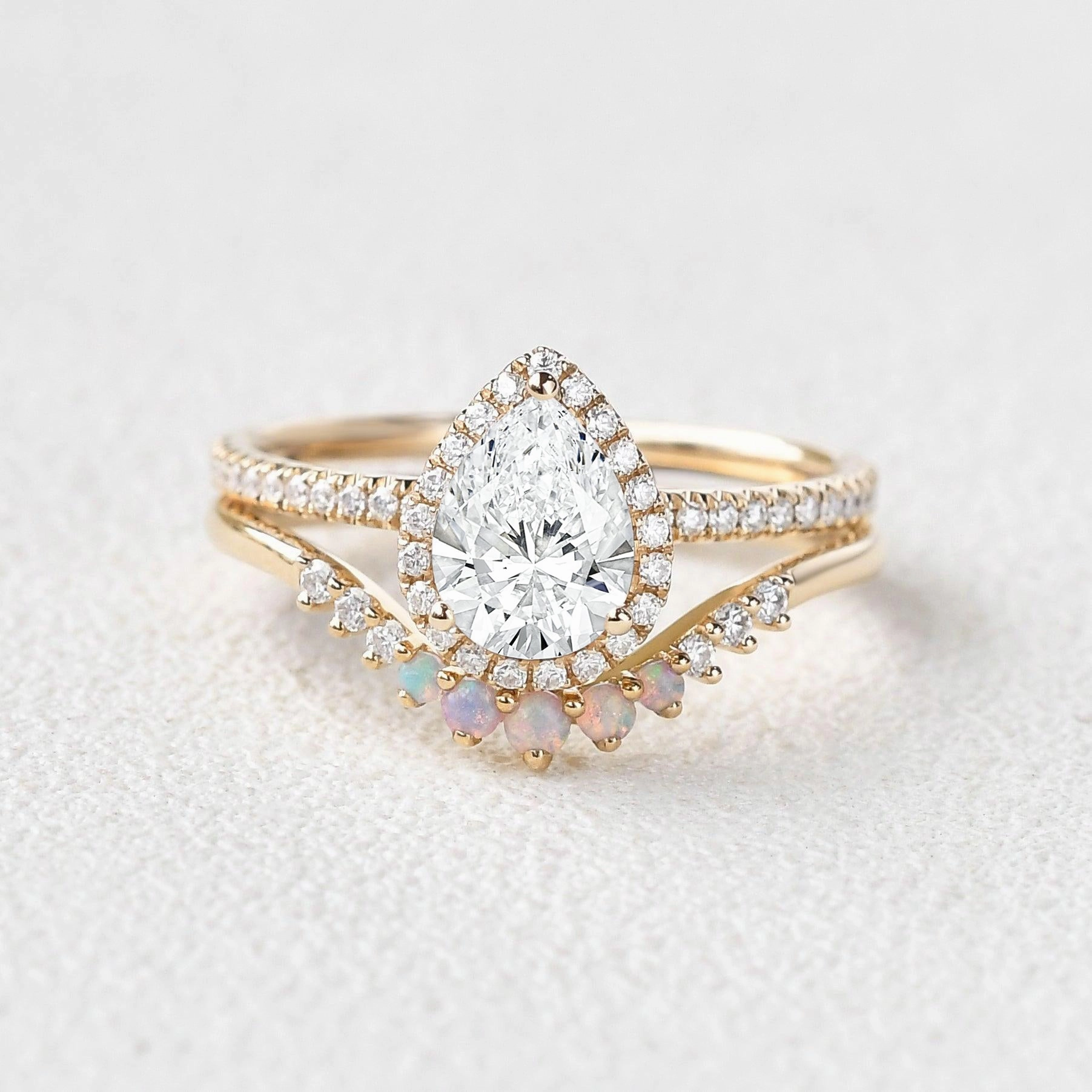 Brilliant Object Elegant accessory Lab Grown Diamond & Natural Opal Pear Cut Halo Ring Set 2pcs