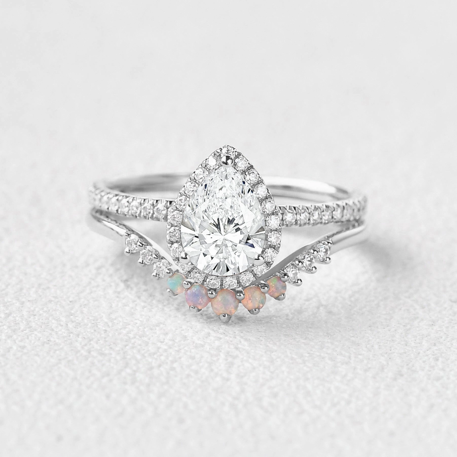 Lab Grown Diamond & Natural Opal Pear Cut Halo Ring Set 2pcs Custom Creation Elegant Embellishment