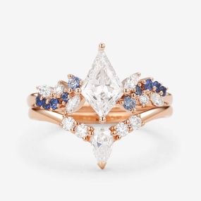 Effortless Chic Soft Glow Up Lab Grown Diamond & Sapphire Unquie Cluster Engagement Ring Set 2pcs