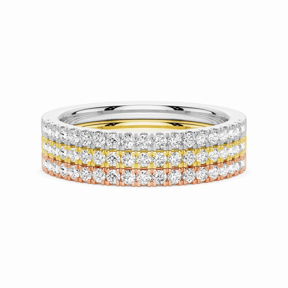 Lab Grown Diamond Tri color Set of Three Stackable Bands Handmade Statement Elegant Sparkle